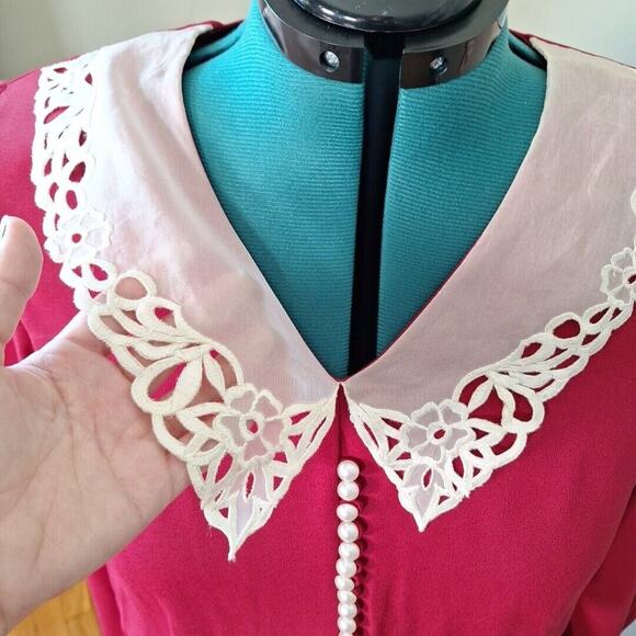 Vintage 80s/90s Red Lace Collar Midi Goth Coquette Dress Women Size 14 - Picture 6 of 11